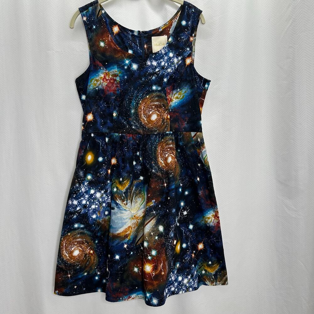 ModCloth celestial midi dress blue galaxy print sleeveless large whimsy universe